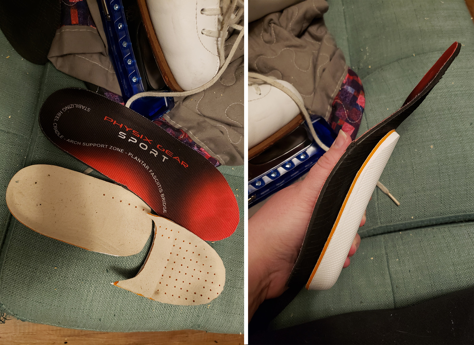 Side by side image showing a heel lift insert being cut and held up to an arch support.