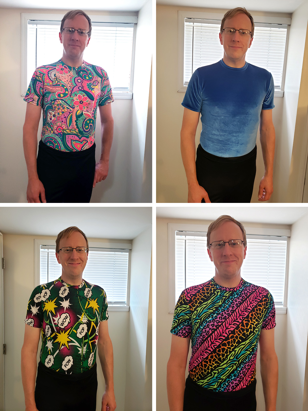 A 4 part image showng a middle aged blond man wearing 4 different brightly coloured spandex shirts.