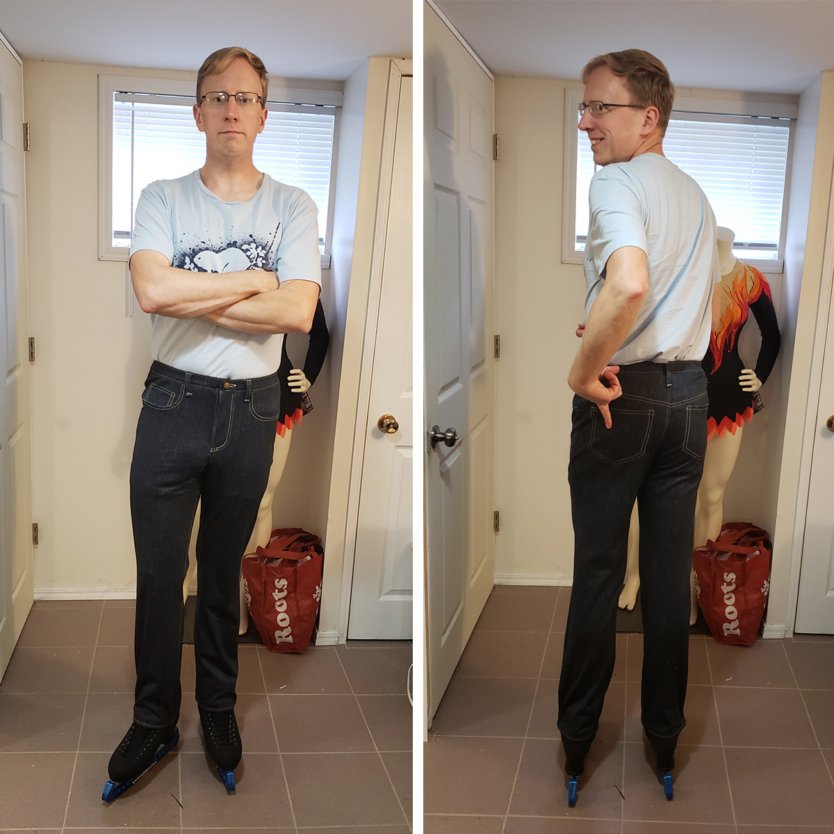 Front and back views of a blond adult man wearing skating pants that look like jeans.