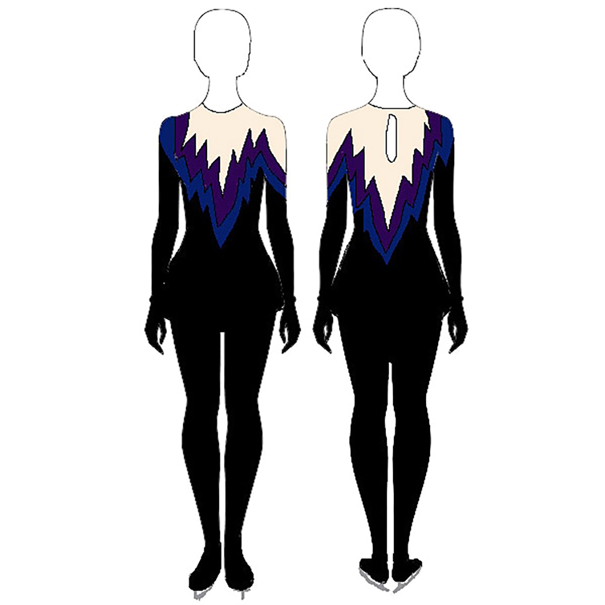 Front and back views of a black, blue, and purple skating dress.