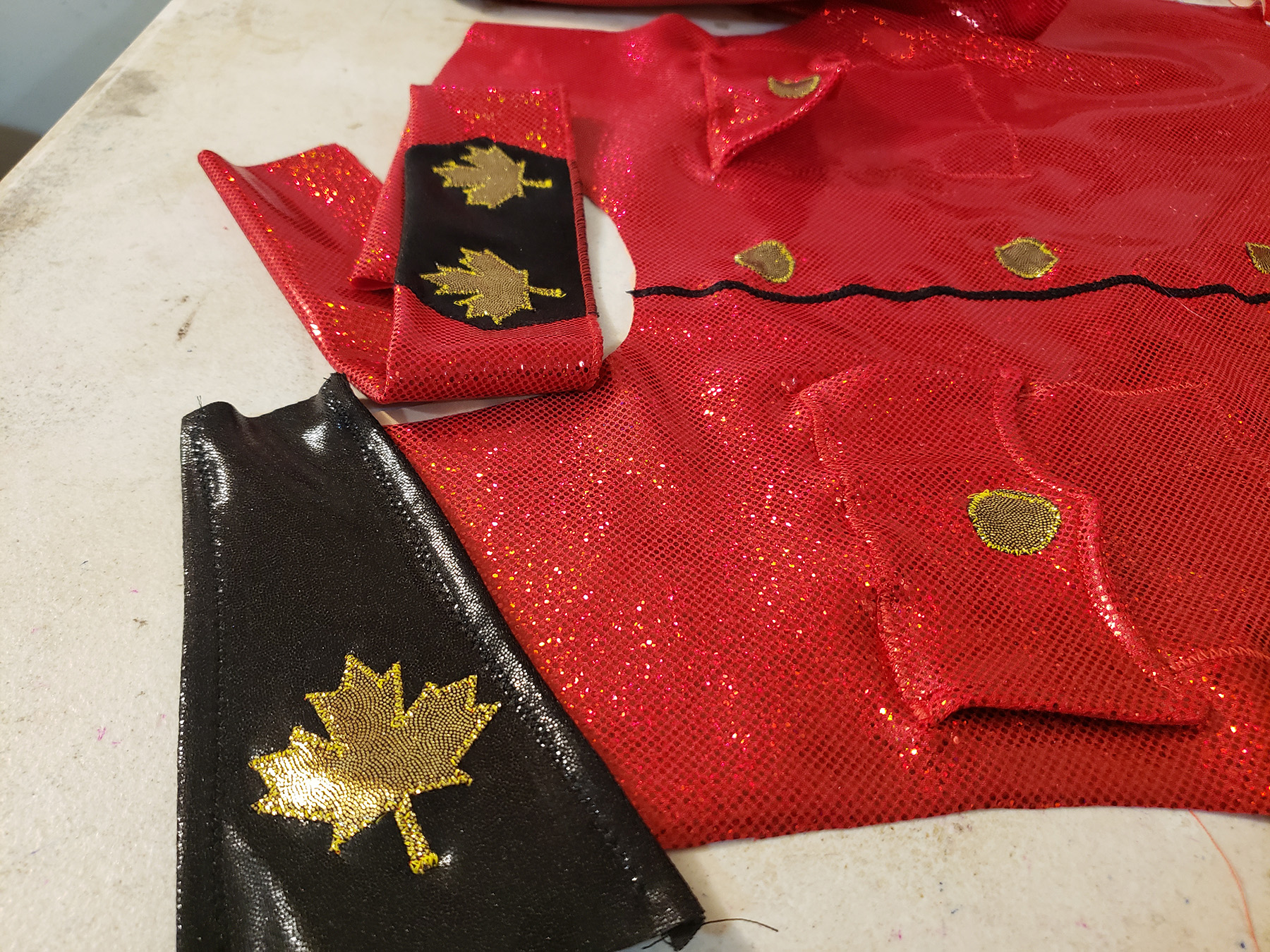 PIeces of a Mountie themed skating dress.