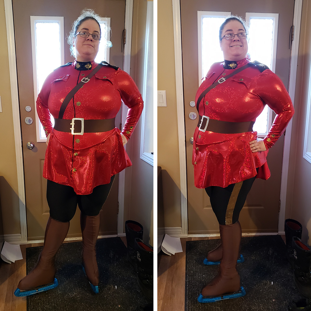 The author wearing the mountie themed skating dress.