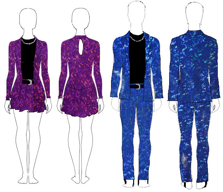 Front and back sketches of blue and purple skating costumes made to look like sparkly suits.