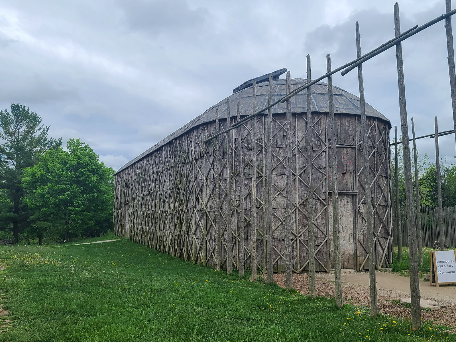 A wooden recreation of an Iroquois longhouse.