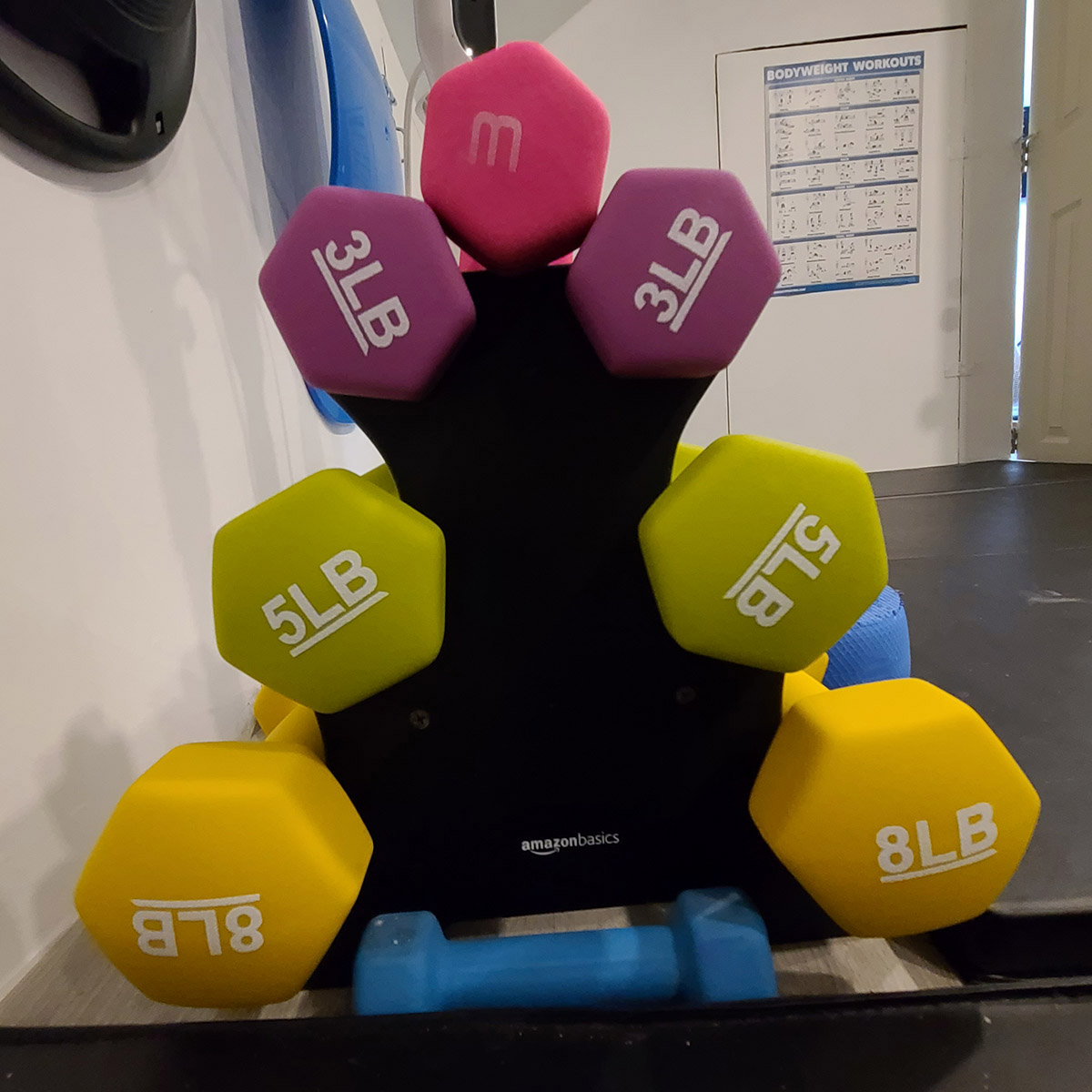 A small stand of dumbbells in bright colours.