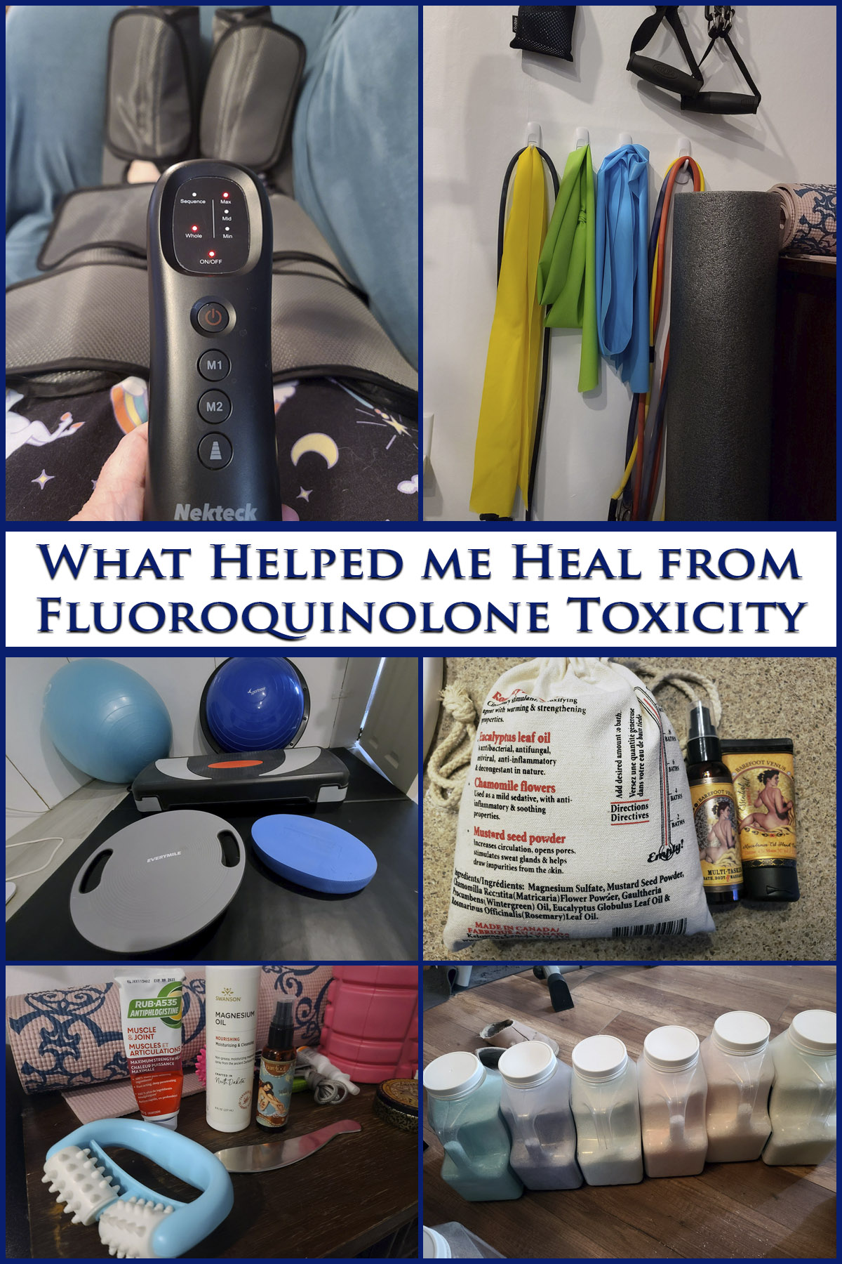 A compilation of images from this post, with text that says what helped me heal from fluoroquinolone toxicity.