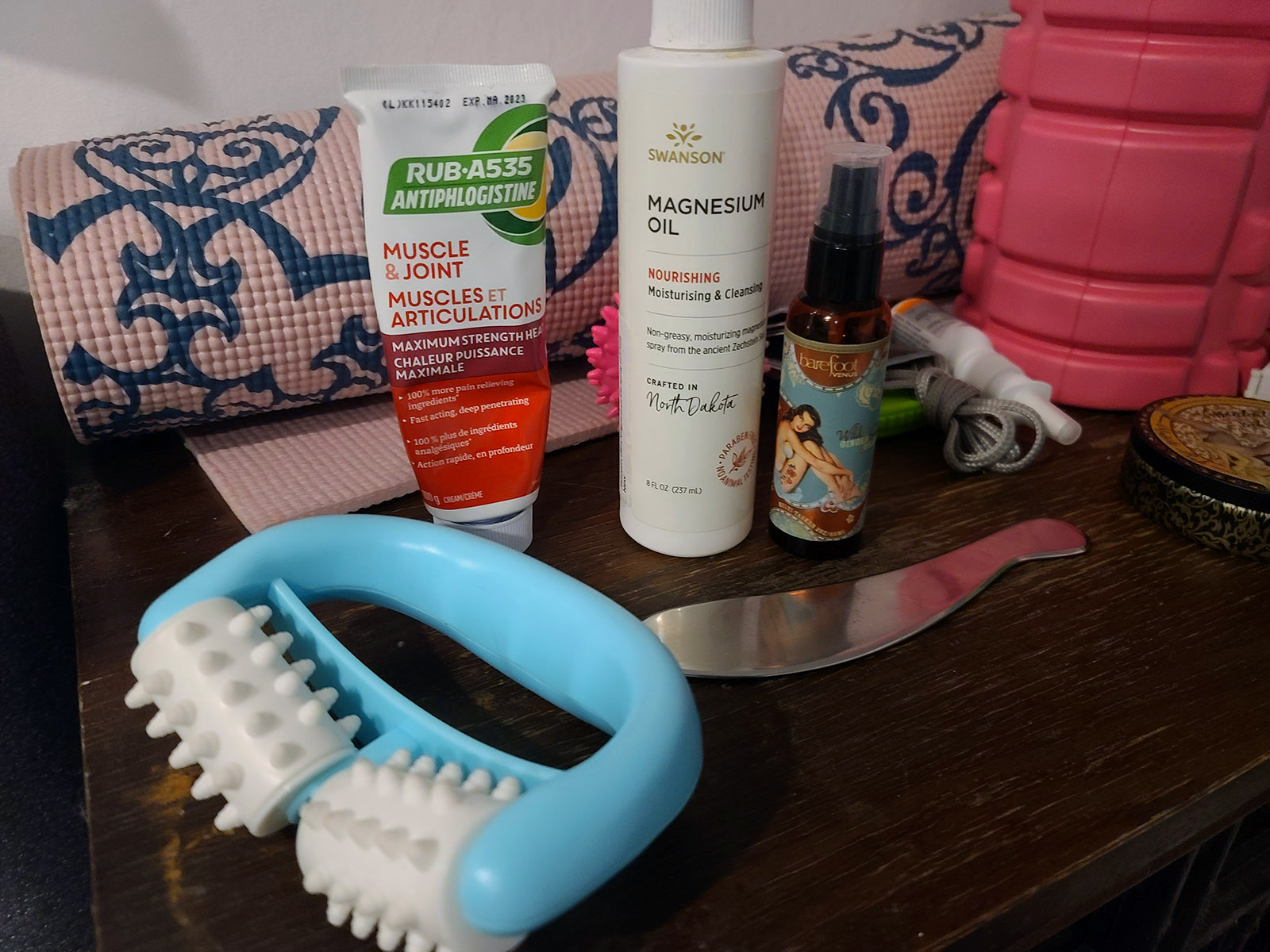 Several massage items on a counter top.